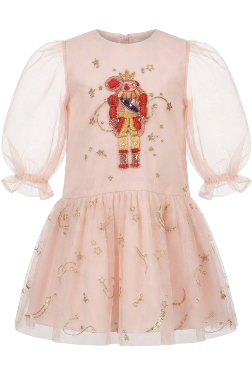 Powder tulle dress with hand-made Christmas mouse and gold sequins - product view