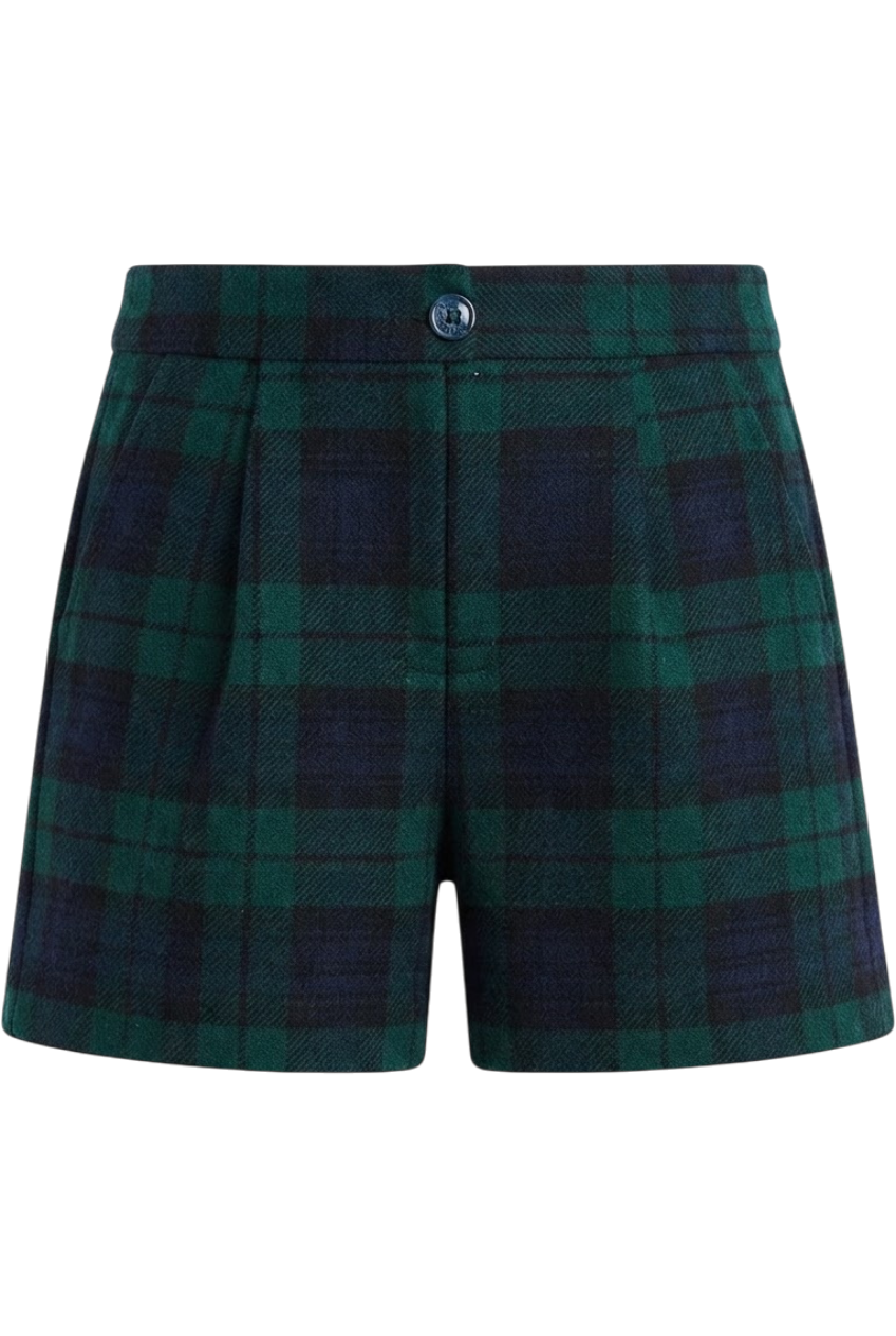 Green and blue tartan wool shorts - product view