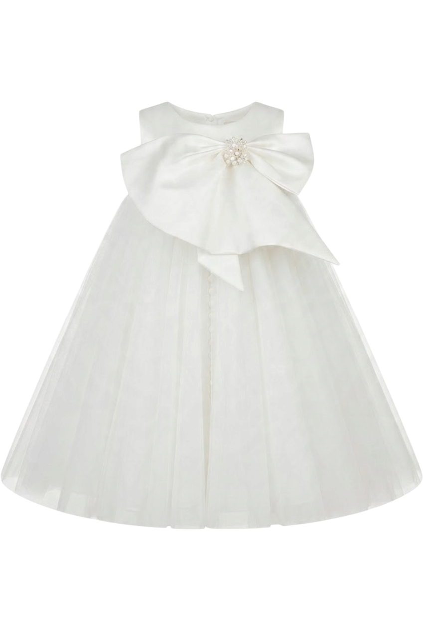 Bow-tie collar puffy tulle girl dress in white - product view