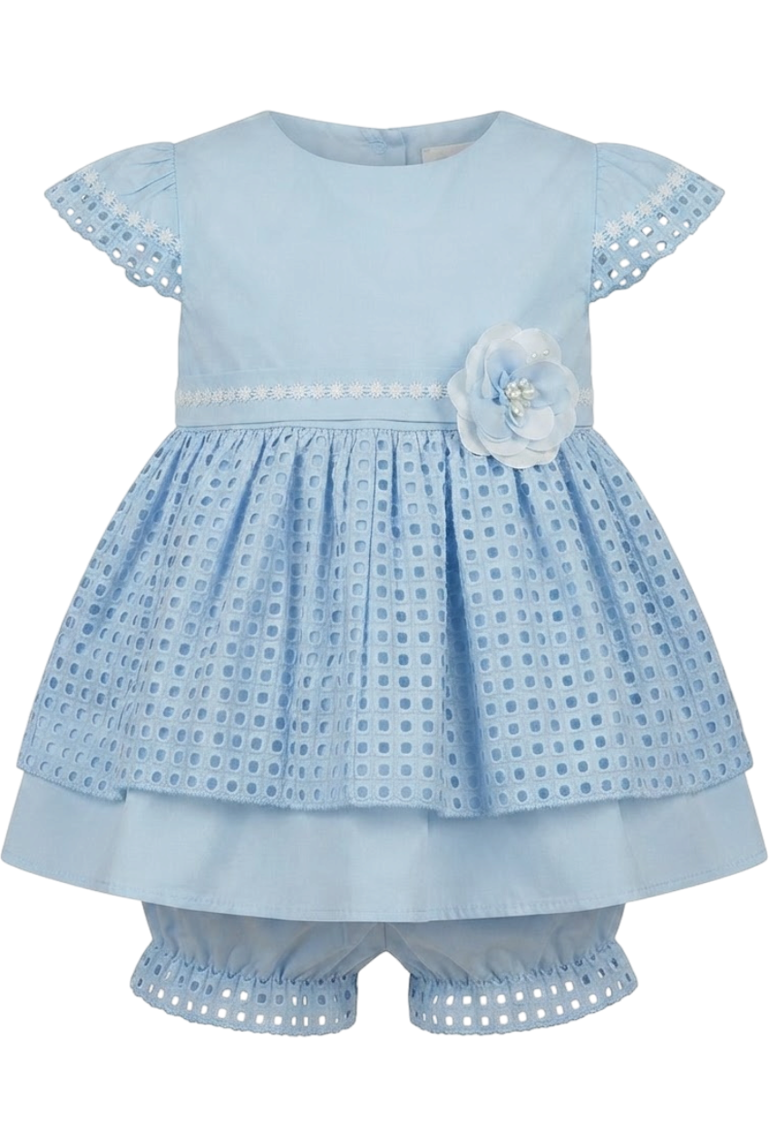 Blue cotton baby dress with matching knickers - product view