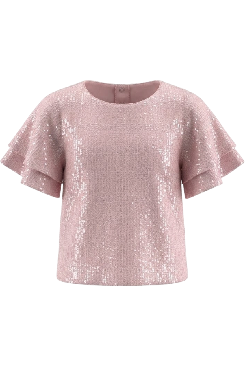 Pink sequin top with frilled sleeves - product view