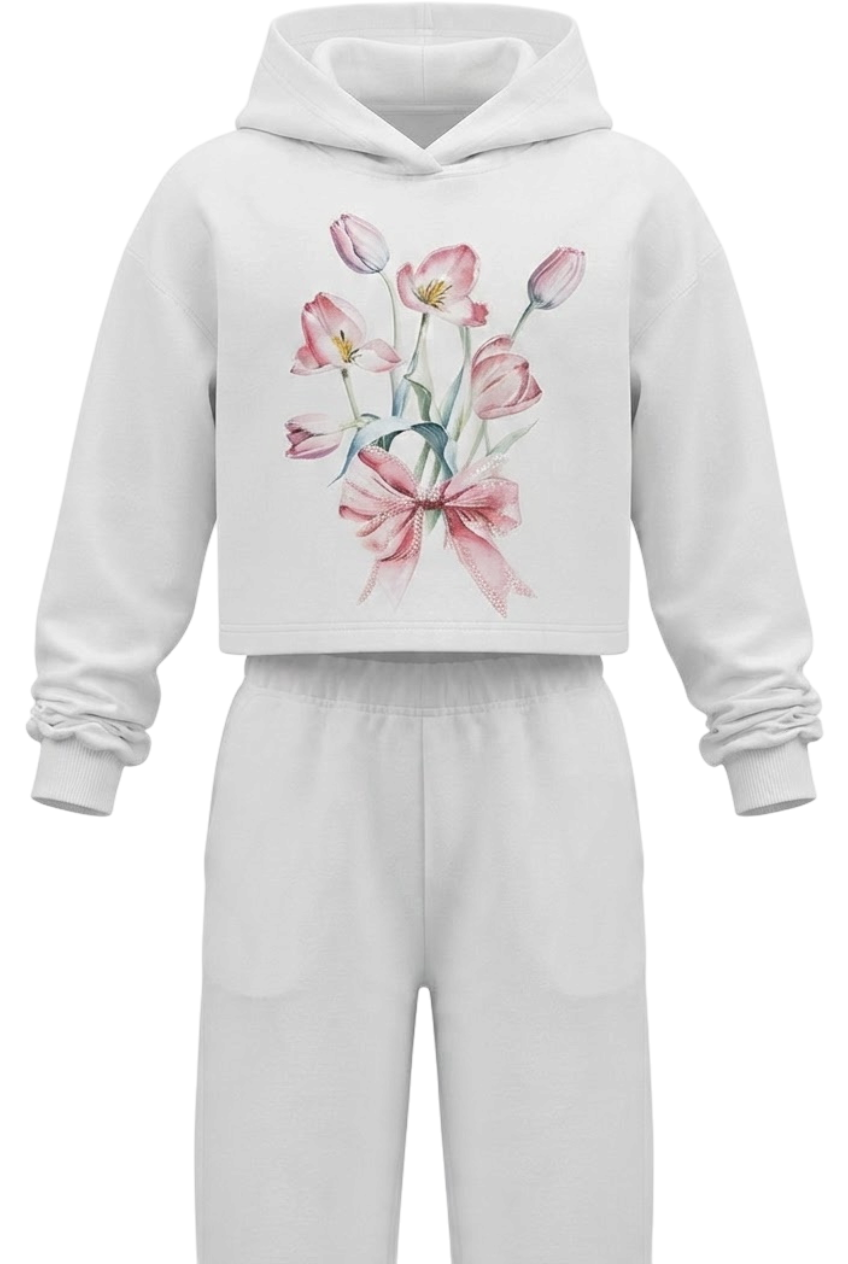 White tulip print set with hand-embellished hoody - product view