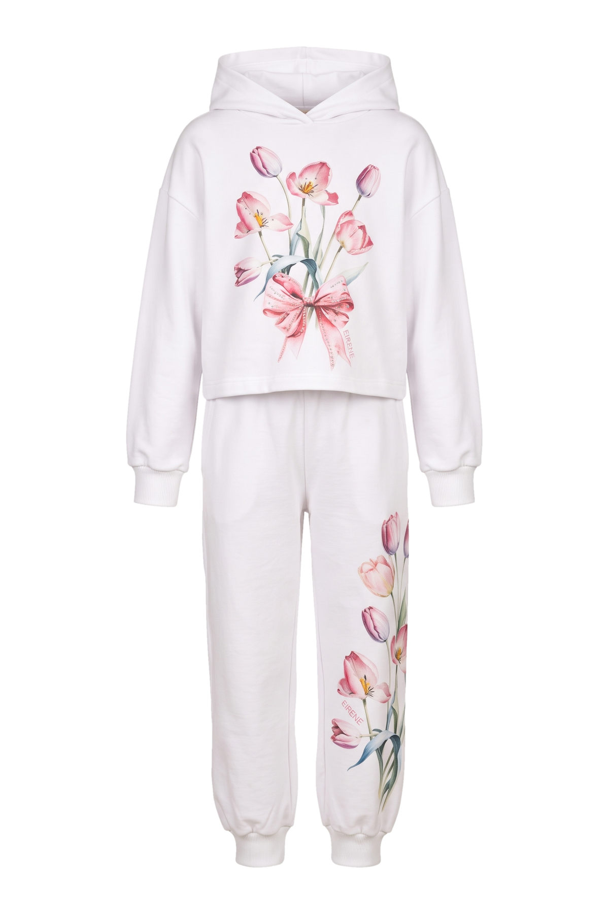 White tulip print set with hand-embellished hoody - product view