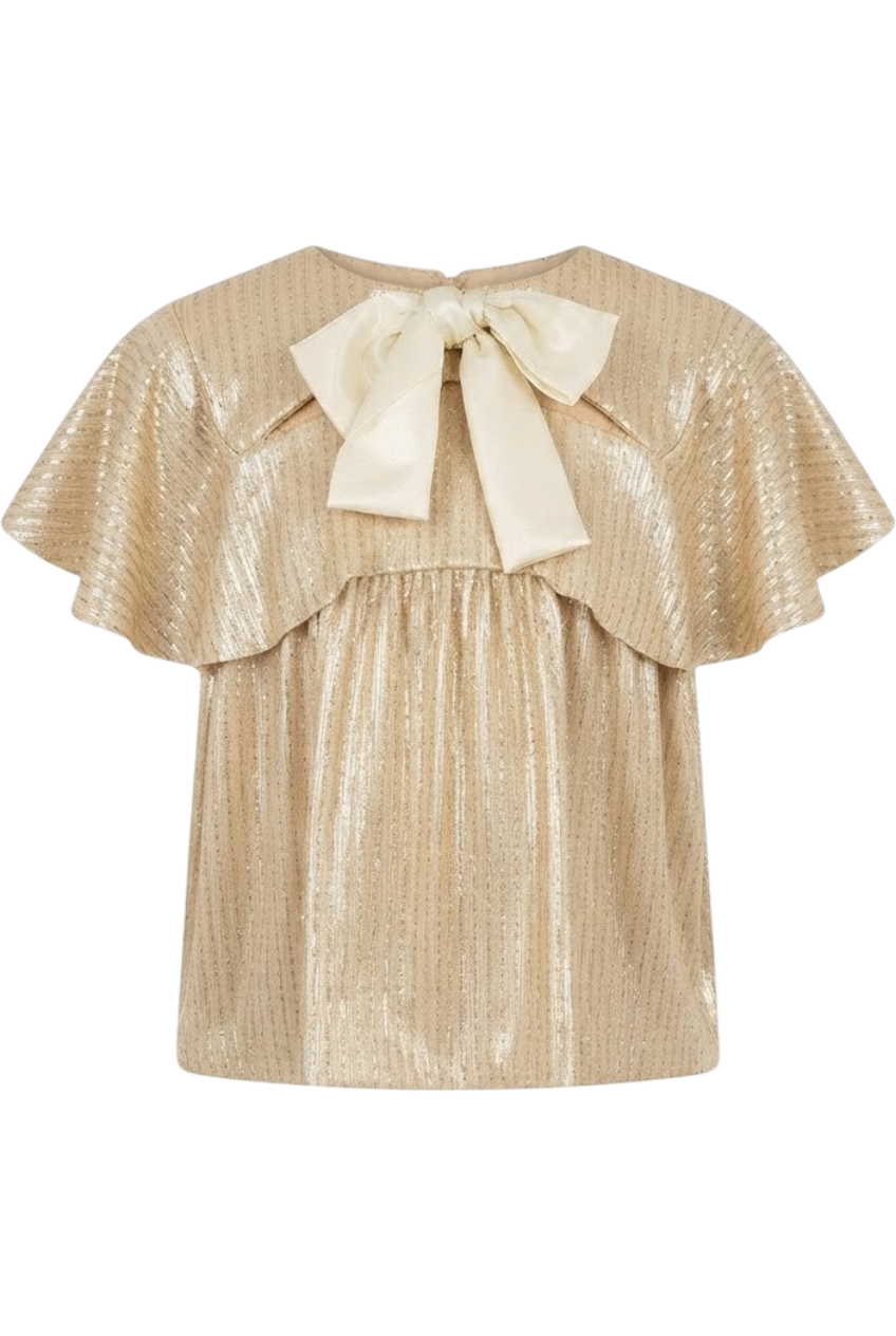 Gold micro pleated top with bow - product view