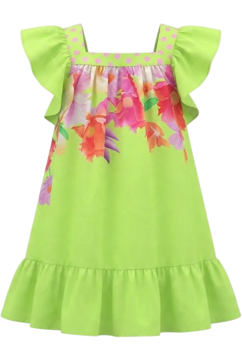 Neon green dress with bright flowers print and a bow on the back - product view