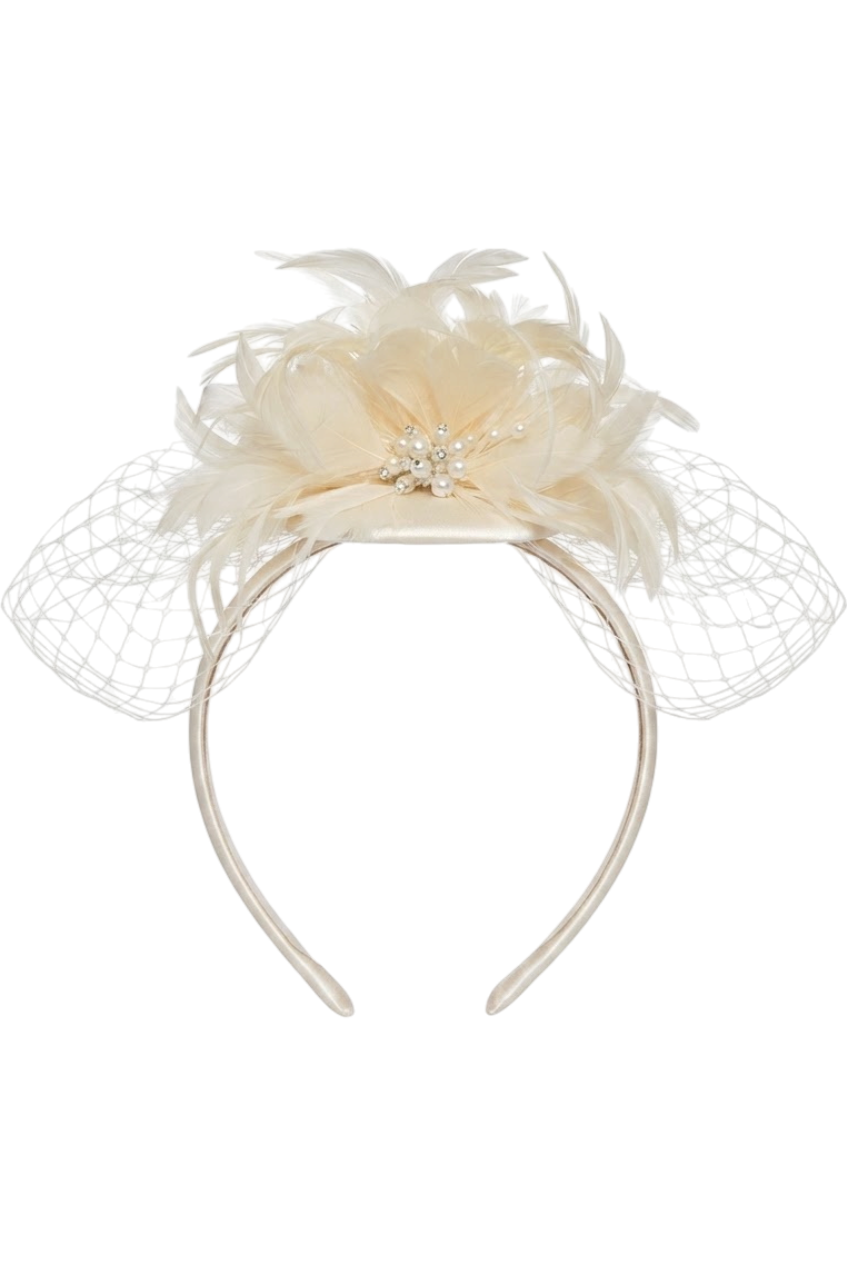 Ivory feathers and veil headband - product view