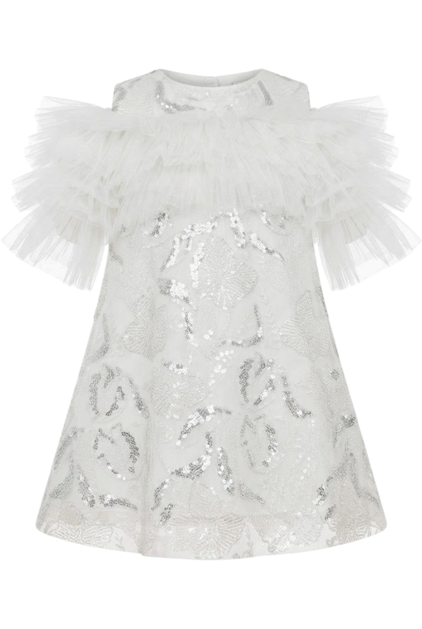 White and silver tulip sequin embroidery A-line dress with white tulle frills - product view