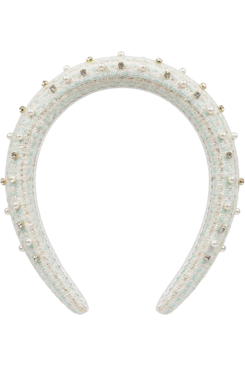 Off-white and mint headband with pearls and crystals - product view