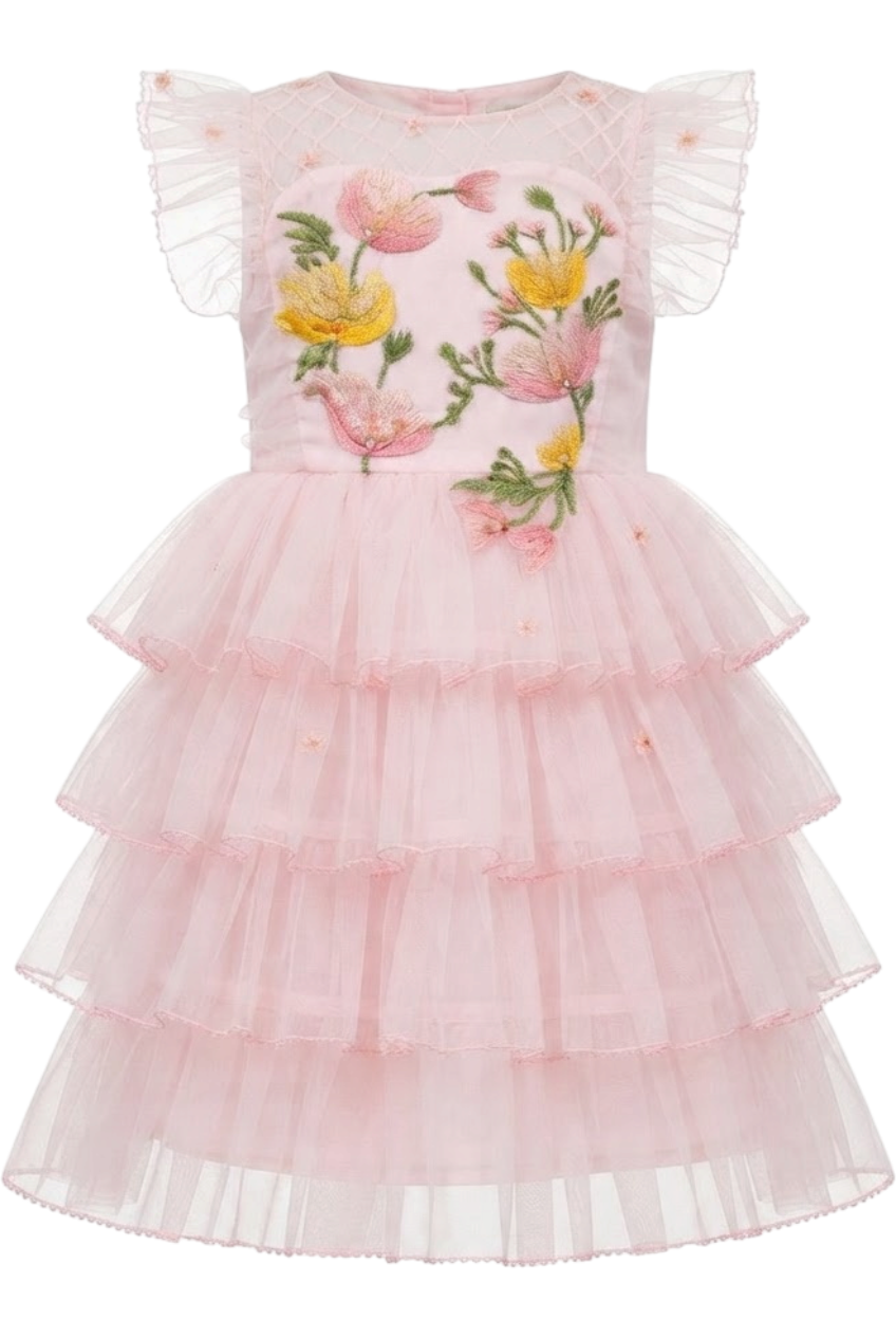 Pale pink layered dress with hand-embroidered flowers - product view
