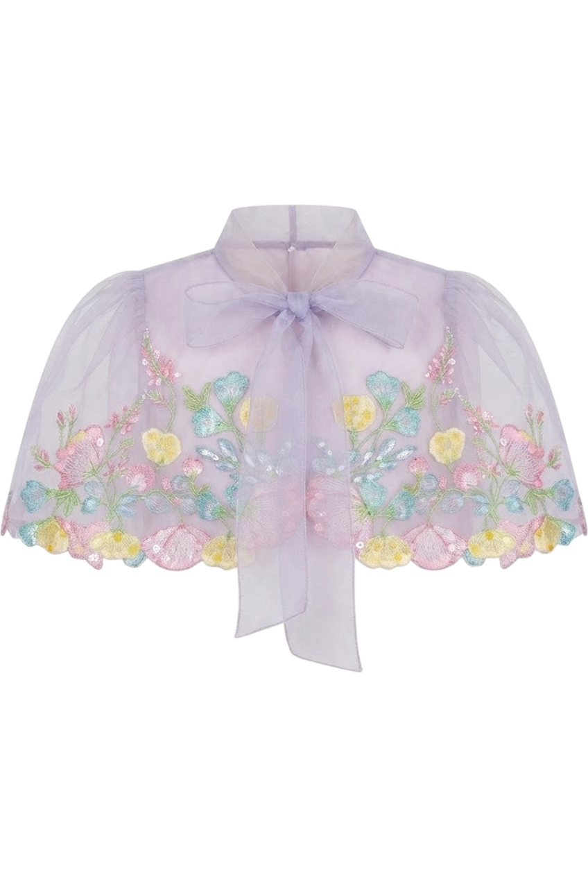 Pale lilac tulle cape with pastel colors floral embroidery - product view