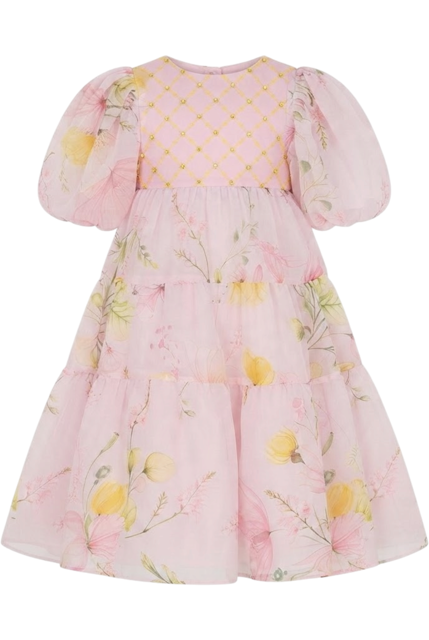 Pink chiffon floral dress with yellow crystals and embellished yellow and pink top - product view