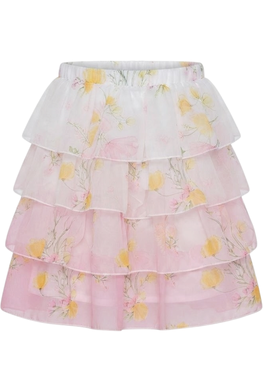 Ombré white and pink chiffon floral skirt - product view