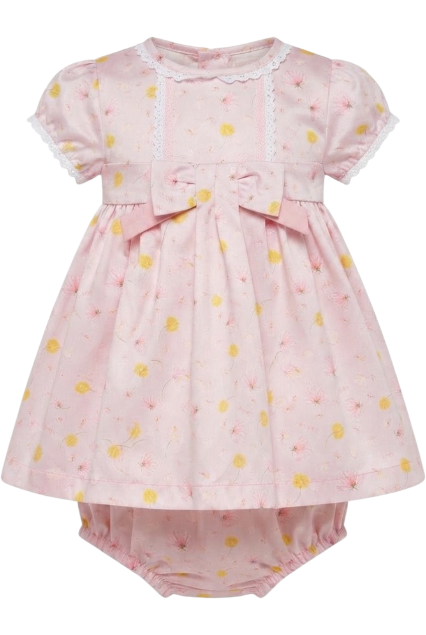 Pink satin cotton mini floral baby dress with bow with matching knickers - product view