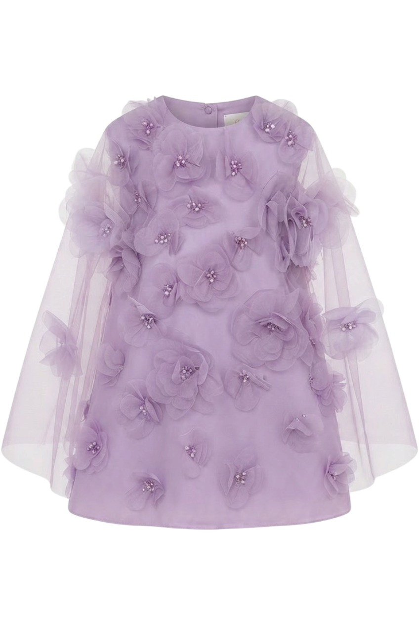 Lilac 3D flowers, pearls and crystals hand-embellished A-line dress with cape tulle sleeves - product view