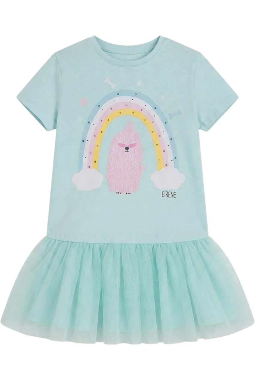 Mint jersey tunic dress with tulle skirt, pink dog and rainbow - product view