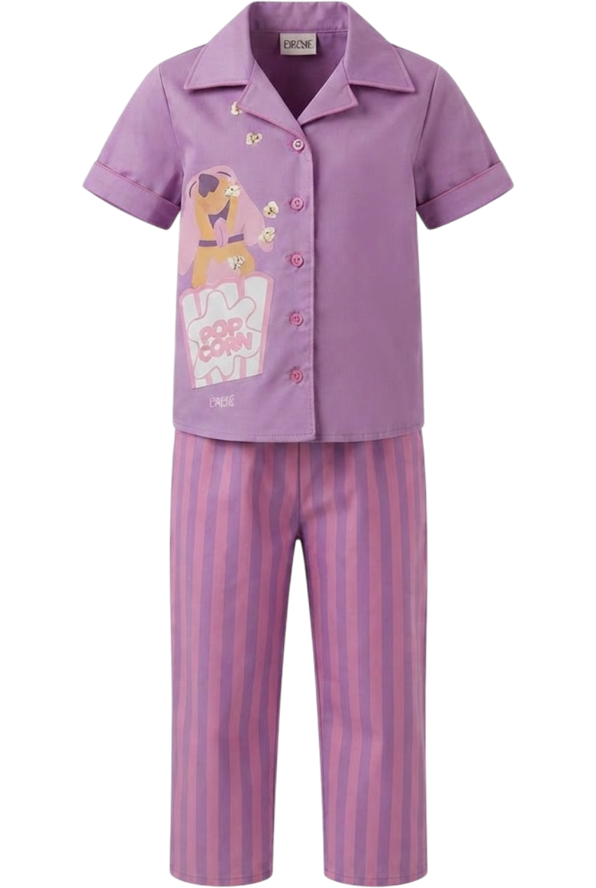 Purple set with striped trousers and popcorn and dog shirt - product view