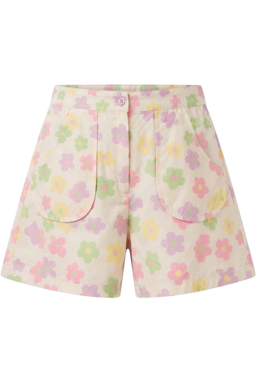 Wide satin cotton shorts with multicolor flowers - product view