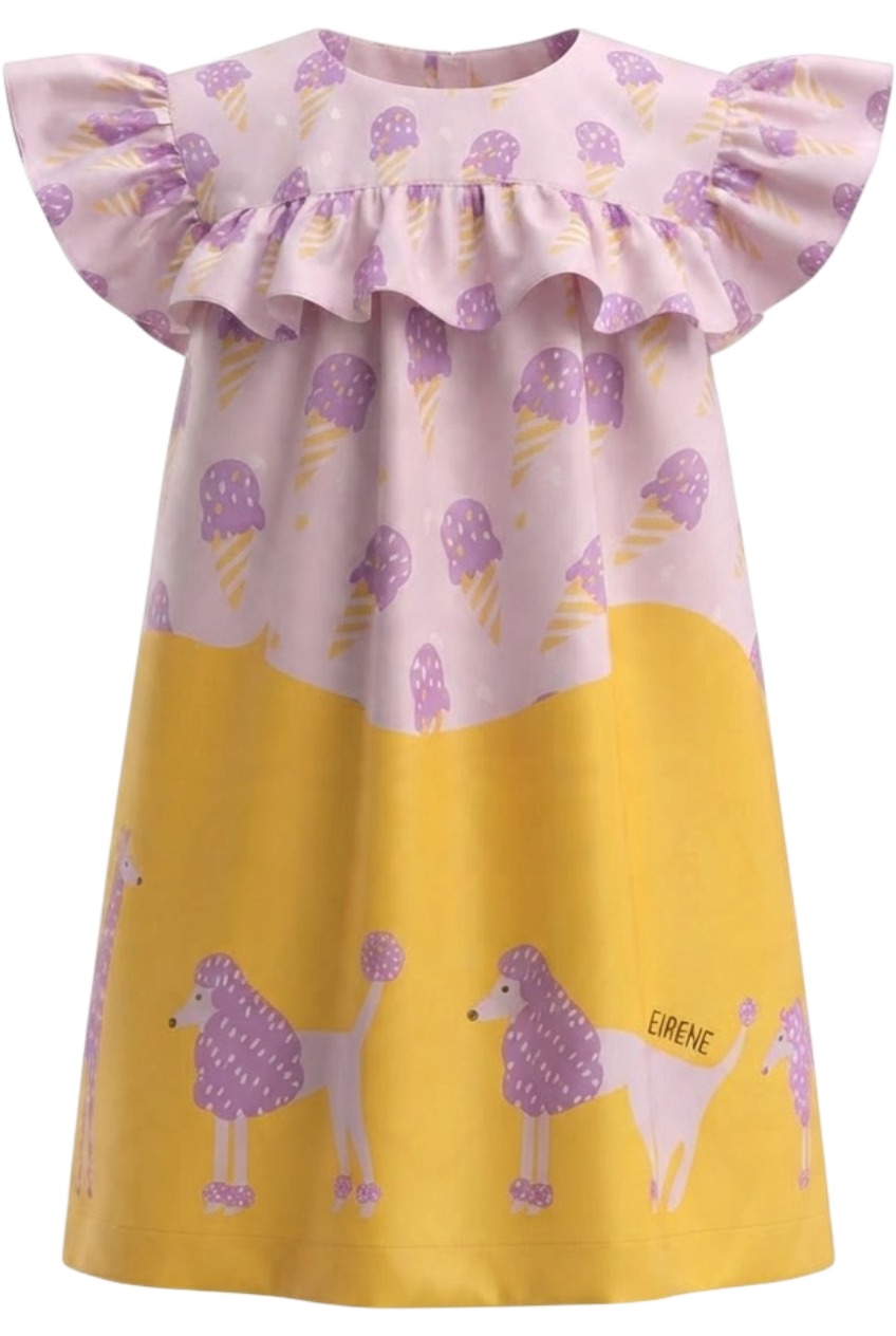 Pink and orange satin cotton dress with poodle print - product view