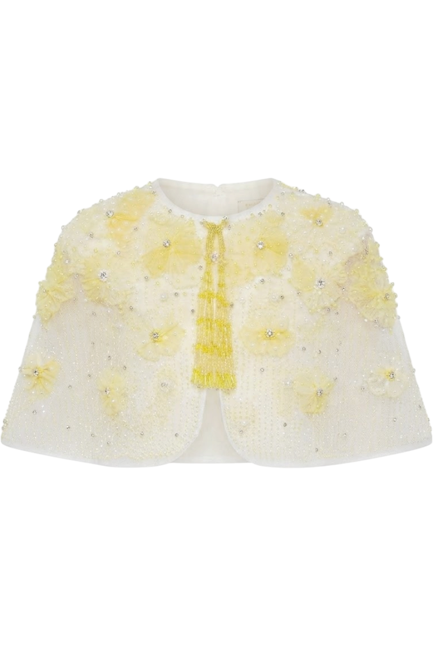 Hand-embellished yellow flower cape with beaded tassels - product view