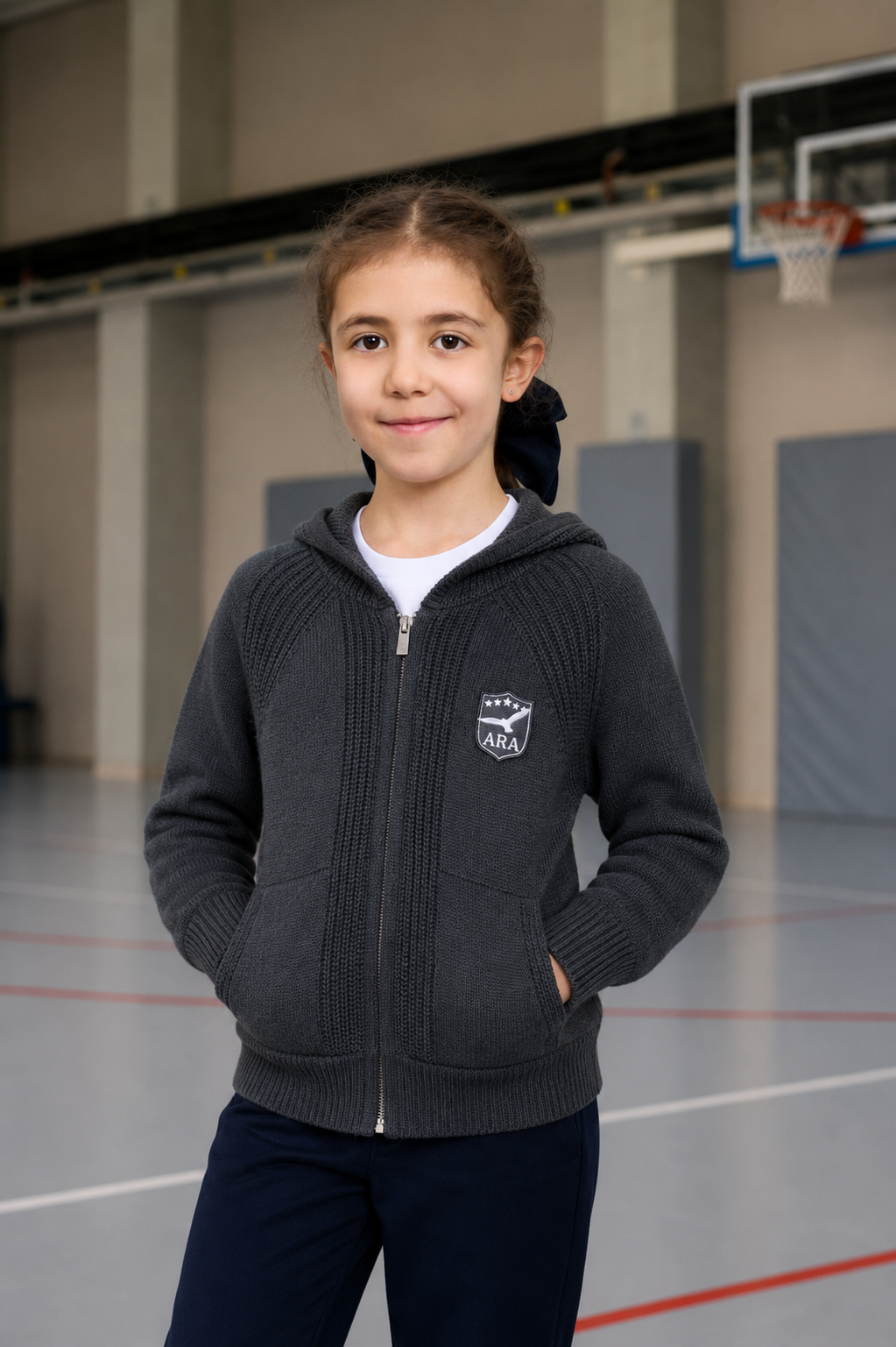 Grey unisex zip-up hoodie with ribbed texture