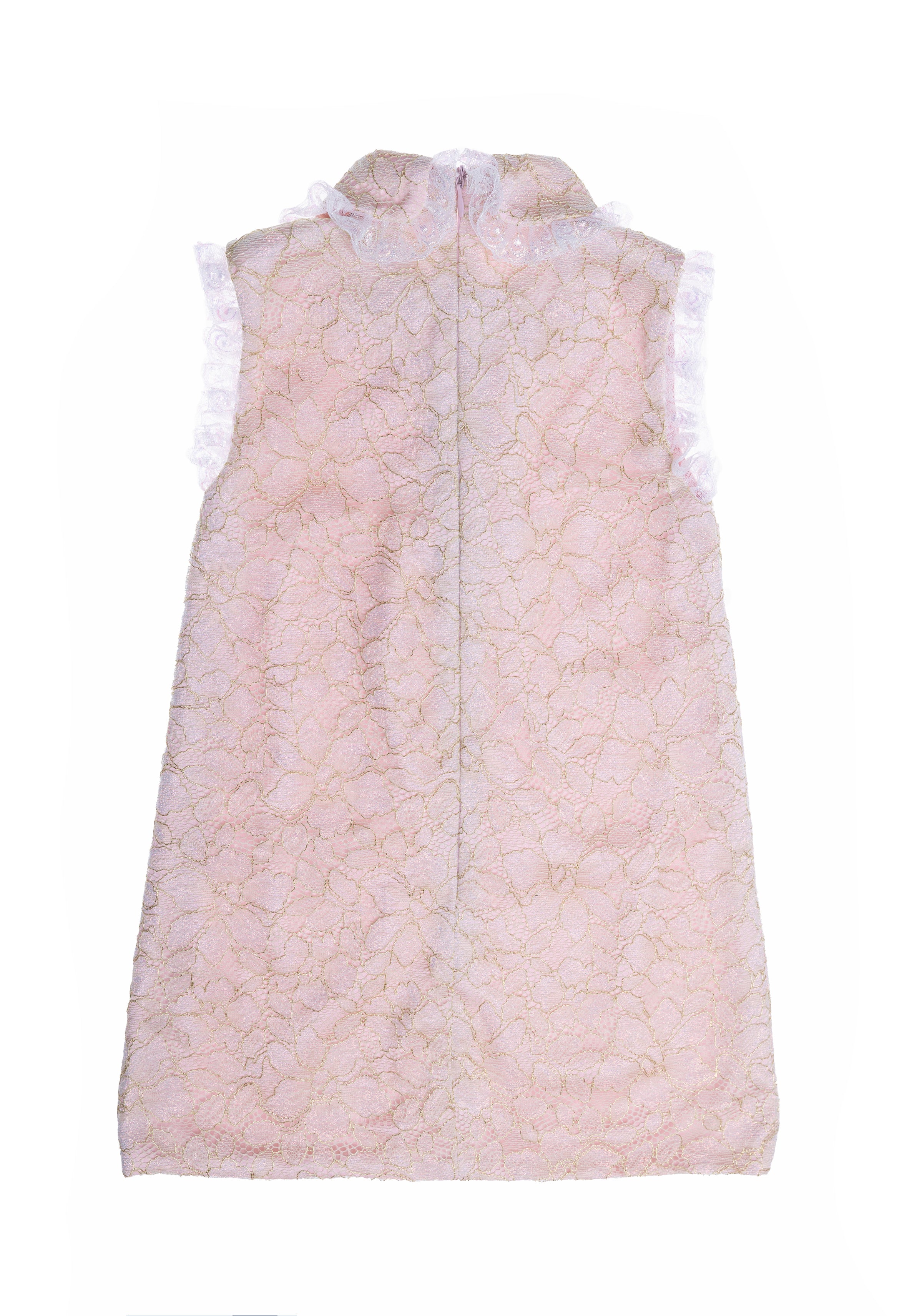 Pink-gold-metallic chameleon lace dress with collar and Swarovski buttons