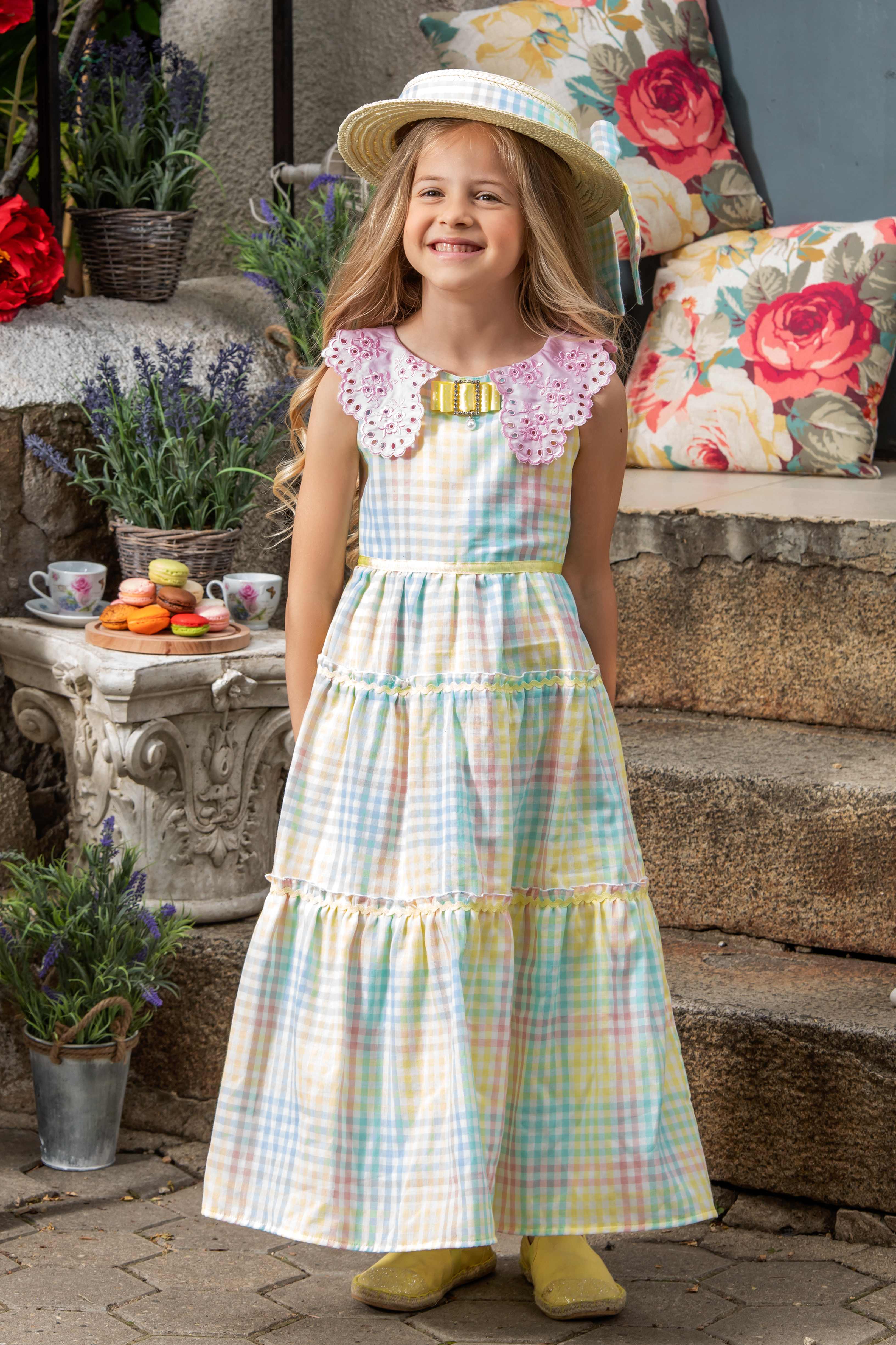 Check cotton long dress with pink collar and yellow bow