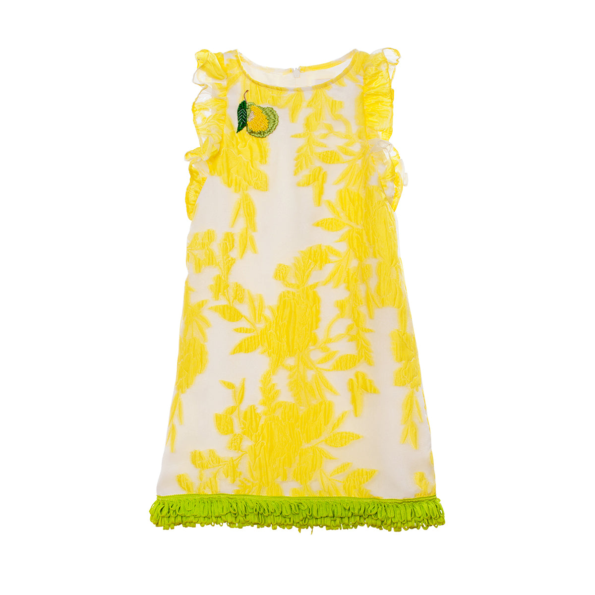 Yellow neon floral organza dress with green fringes and pear hand-made appliqué