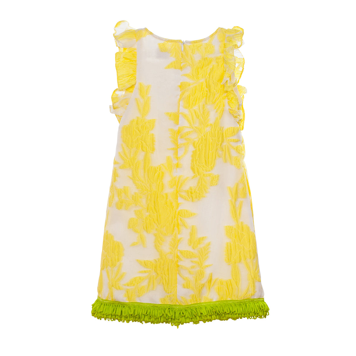Yellow neon floral organza dress with green fringes and pear hand-made appliqué