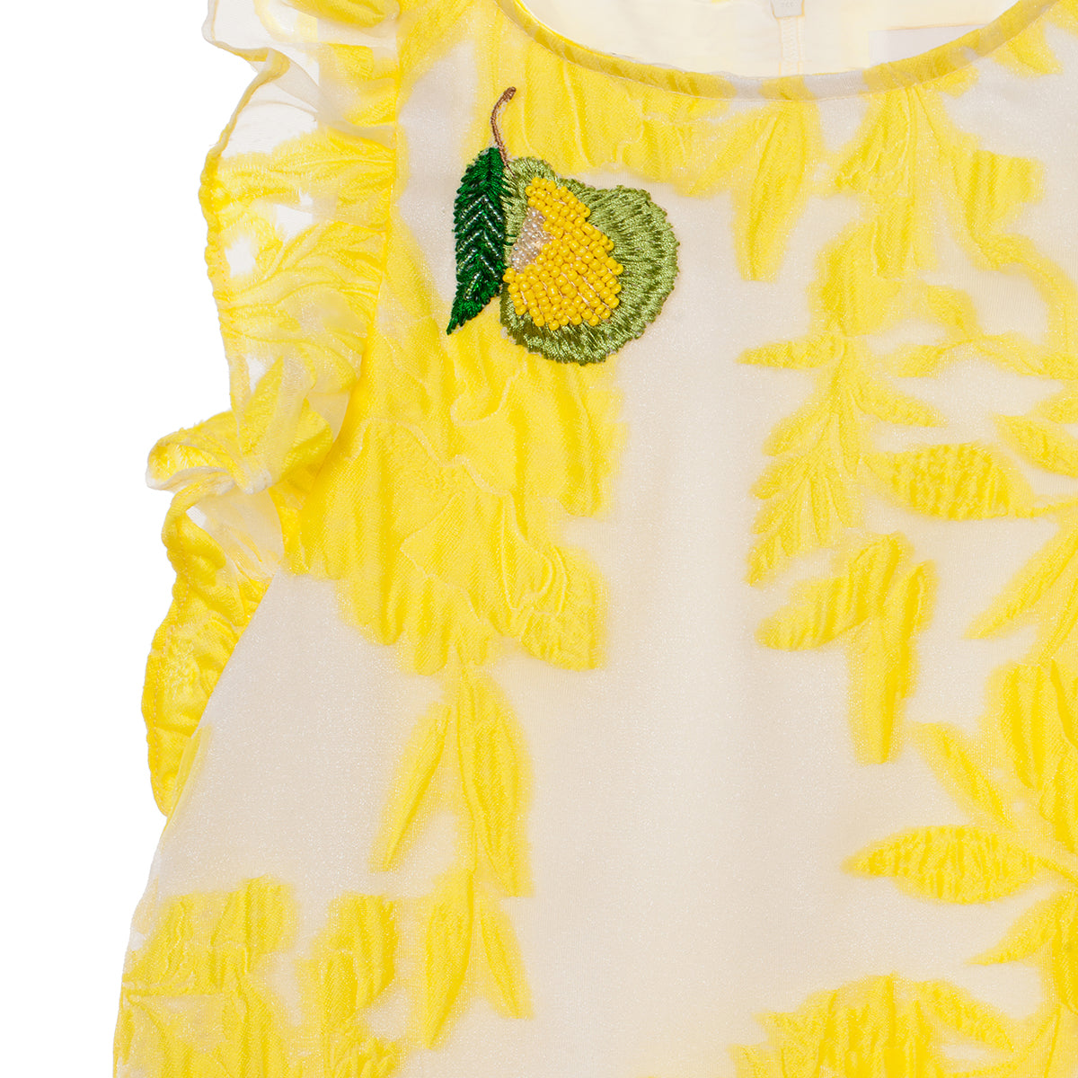 Yellow neon floral organza dress with green fringes and pear hand-made appliqué