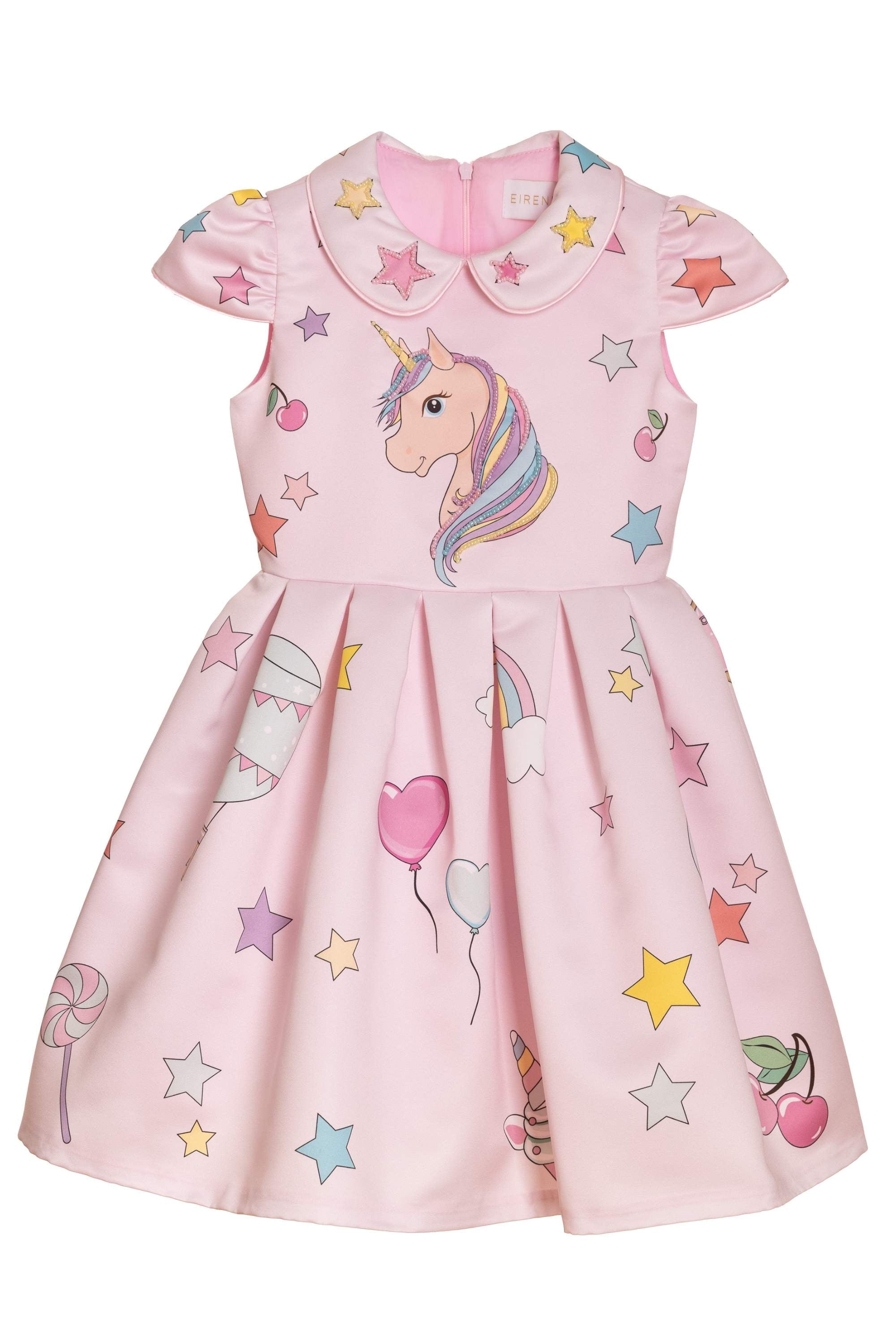 Pale pink unicorn dress with collar and hand-embellishments