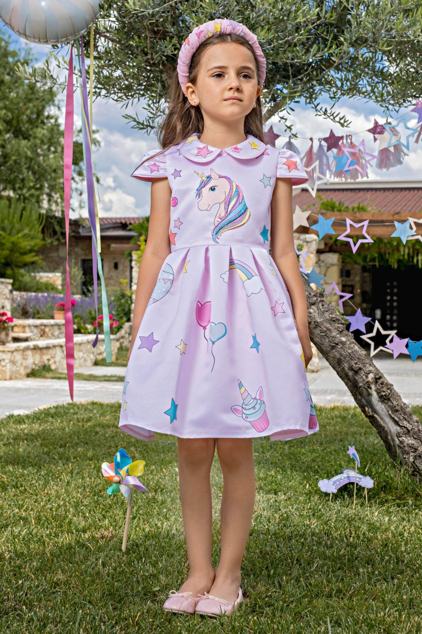 Pale pink unicorn dress with collar and hand-embellishments