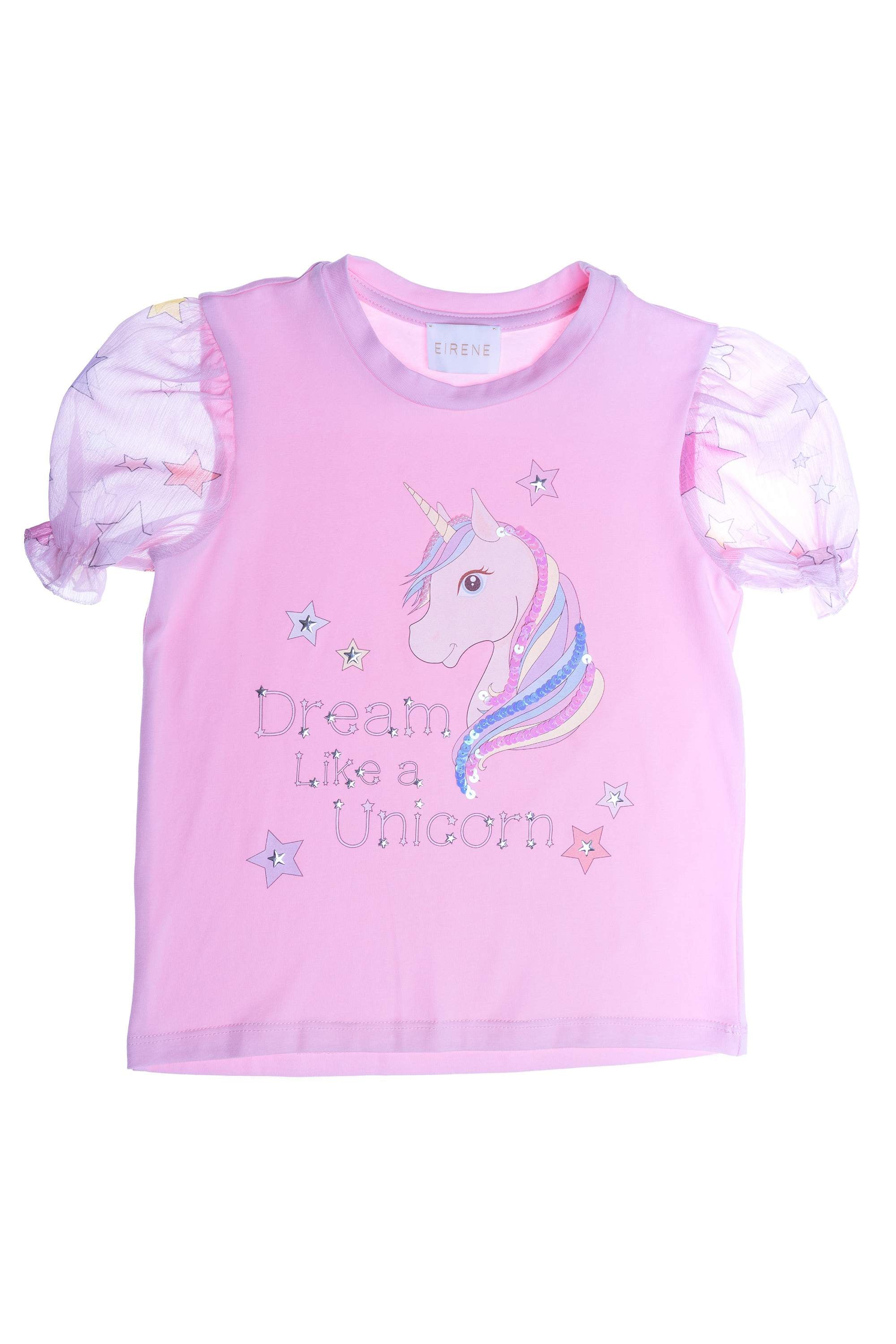 Pink Dream Like a Unicorn hand-embellished t-shirt with chiffon sleeves
