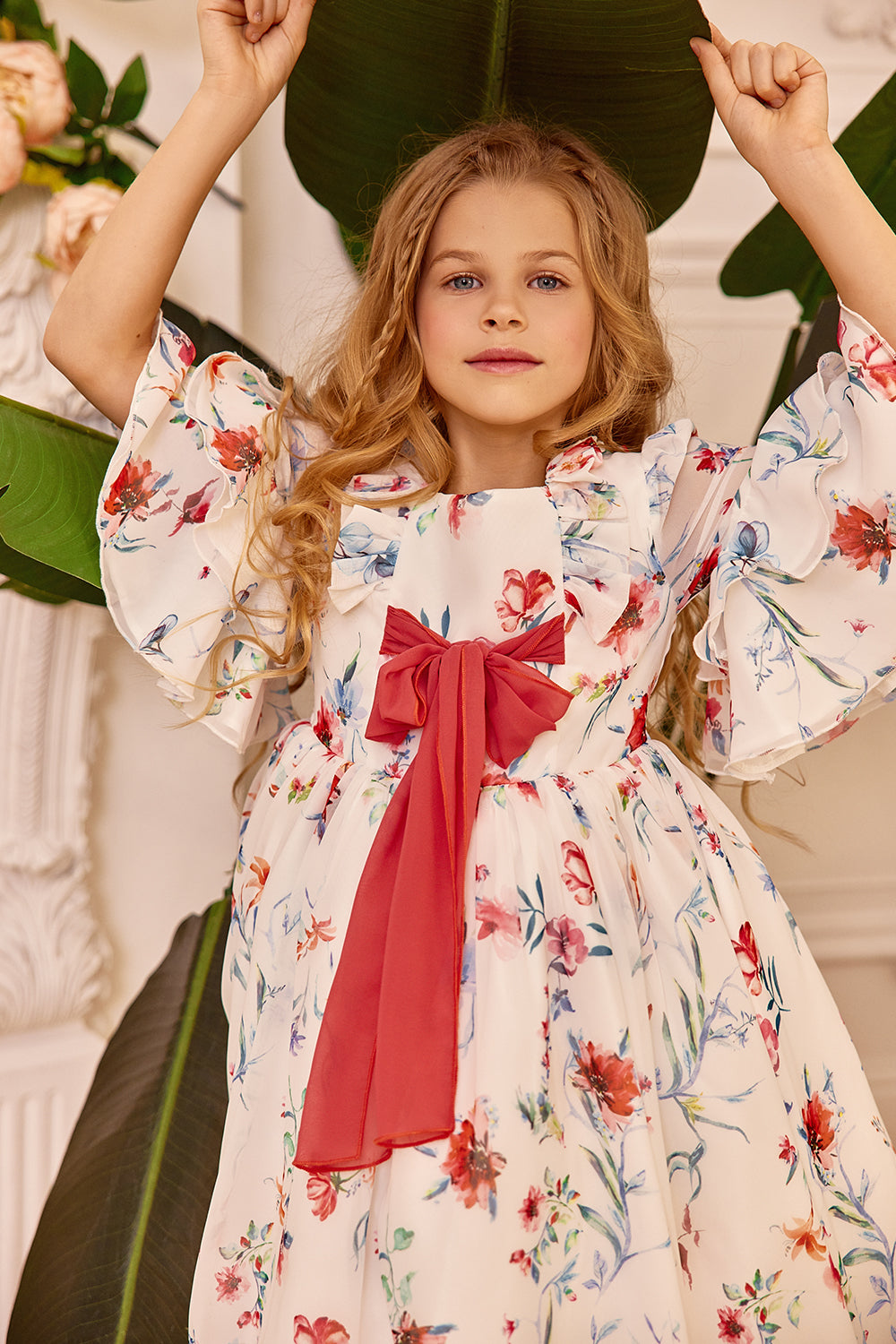 Chiffon floral dress with red bow