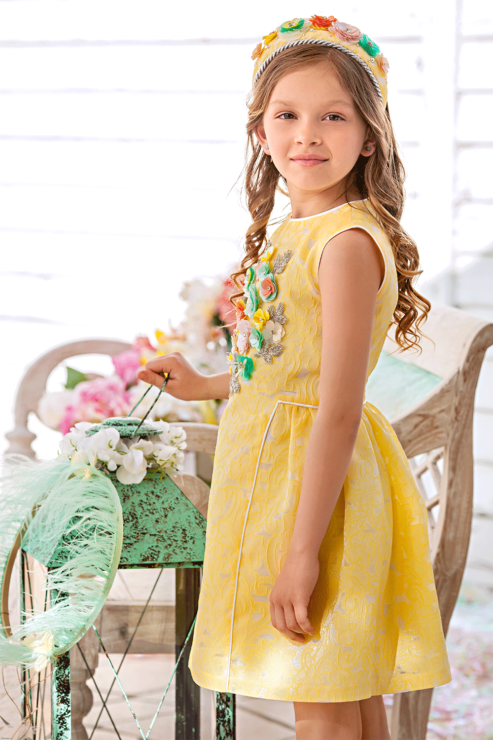 Yellow floral organza dress with hand-made embellishments
