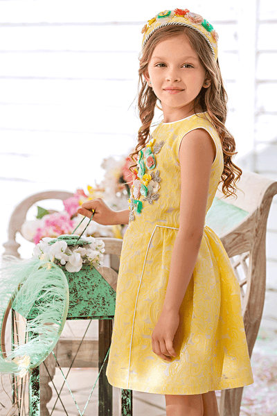Yellow floral organza dress with hand-made embellishments