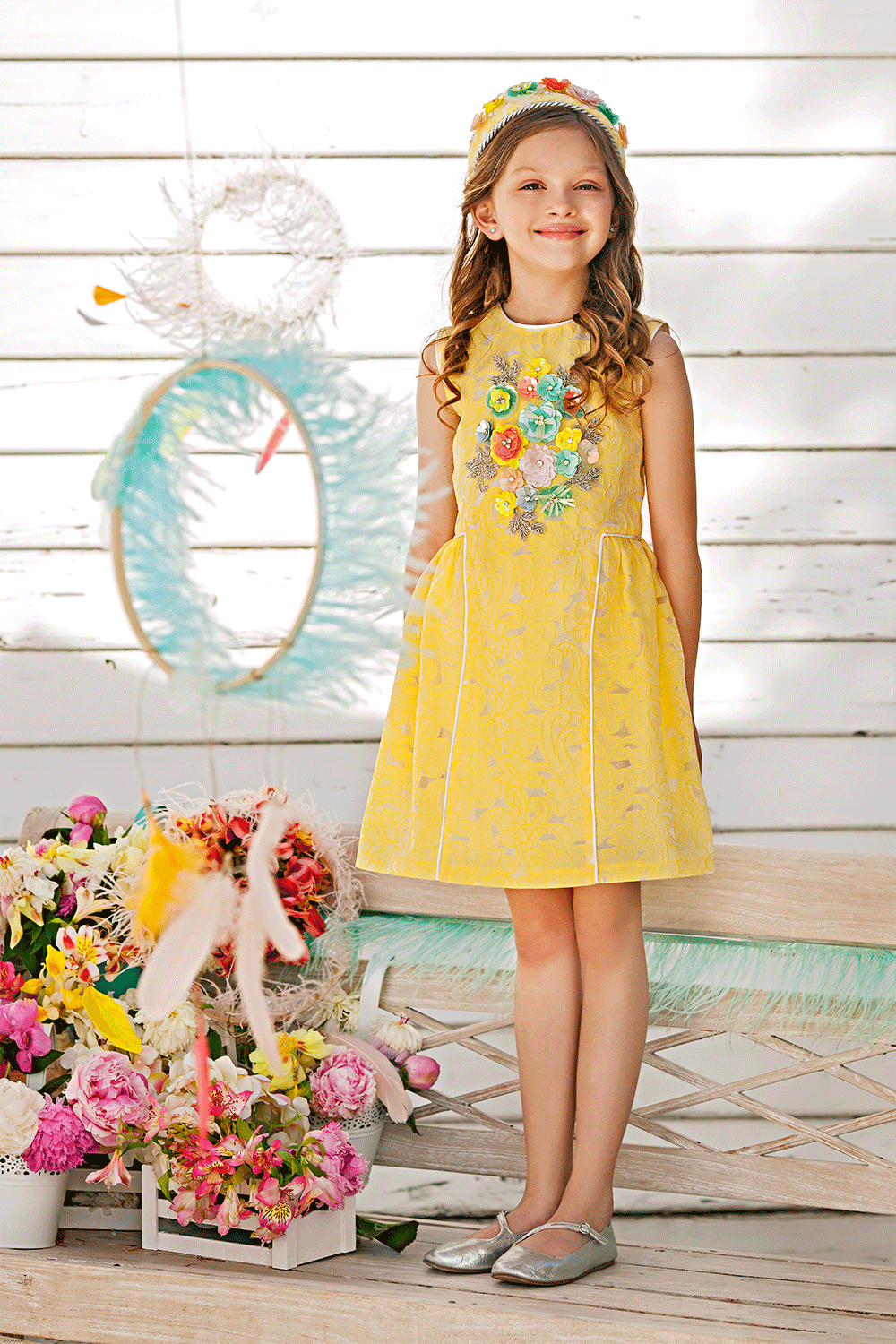 Yellow floral organza dress with hand-made embellishments