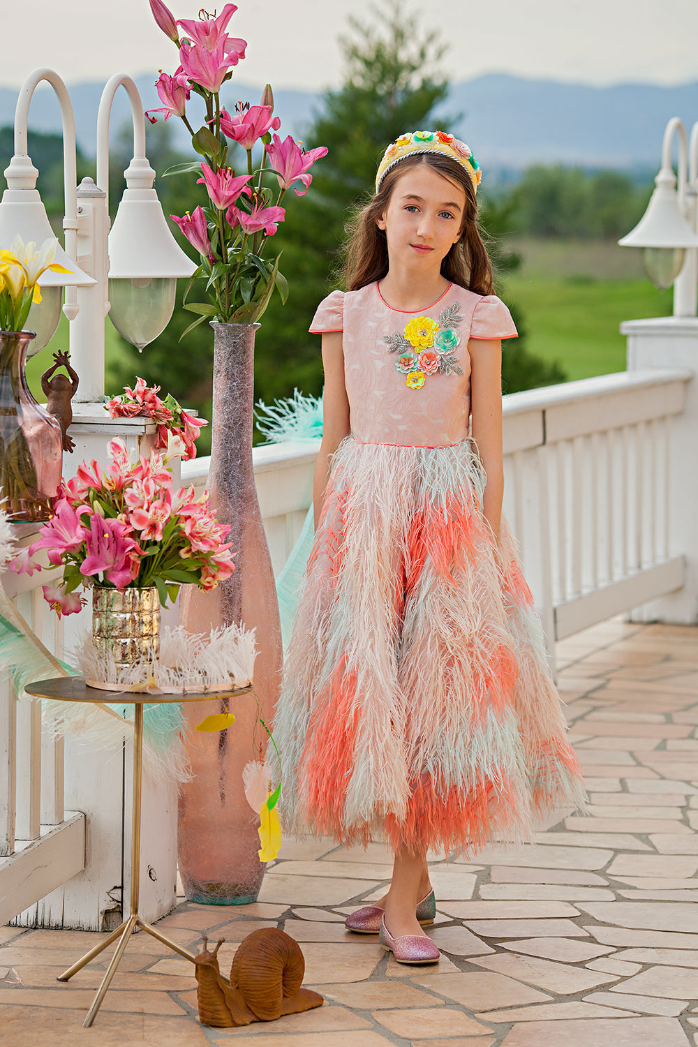 Pink feather-like dress with hand-made embellishments