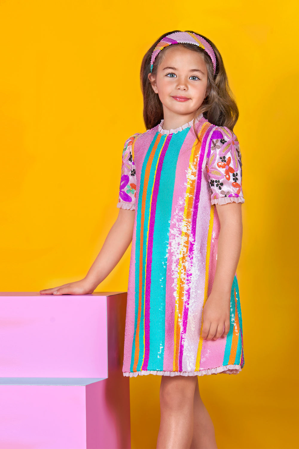 Multicolor striped A-line dress with floral sequin lace sleeves