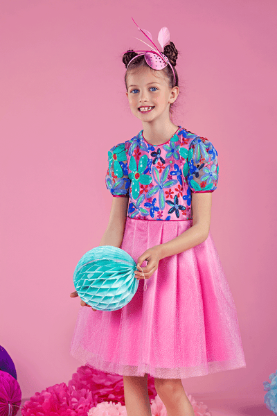 Pink tulle dress with sequin lace upper part