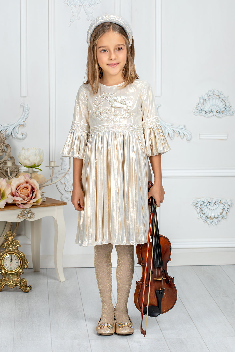 Ecru shiny dress with handmade crystal dove embellishment