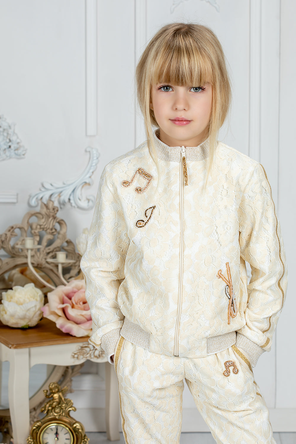 Ivory cotton lace tracksuit with handmade musical notes embellishments