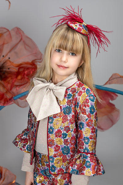 Shimmering red, blue and yellow jacquard blazer and trousers set