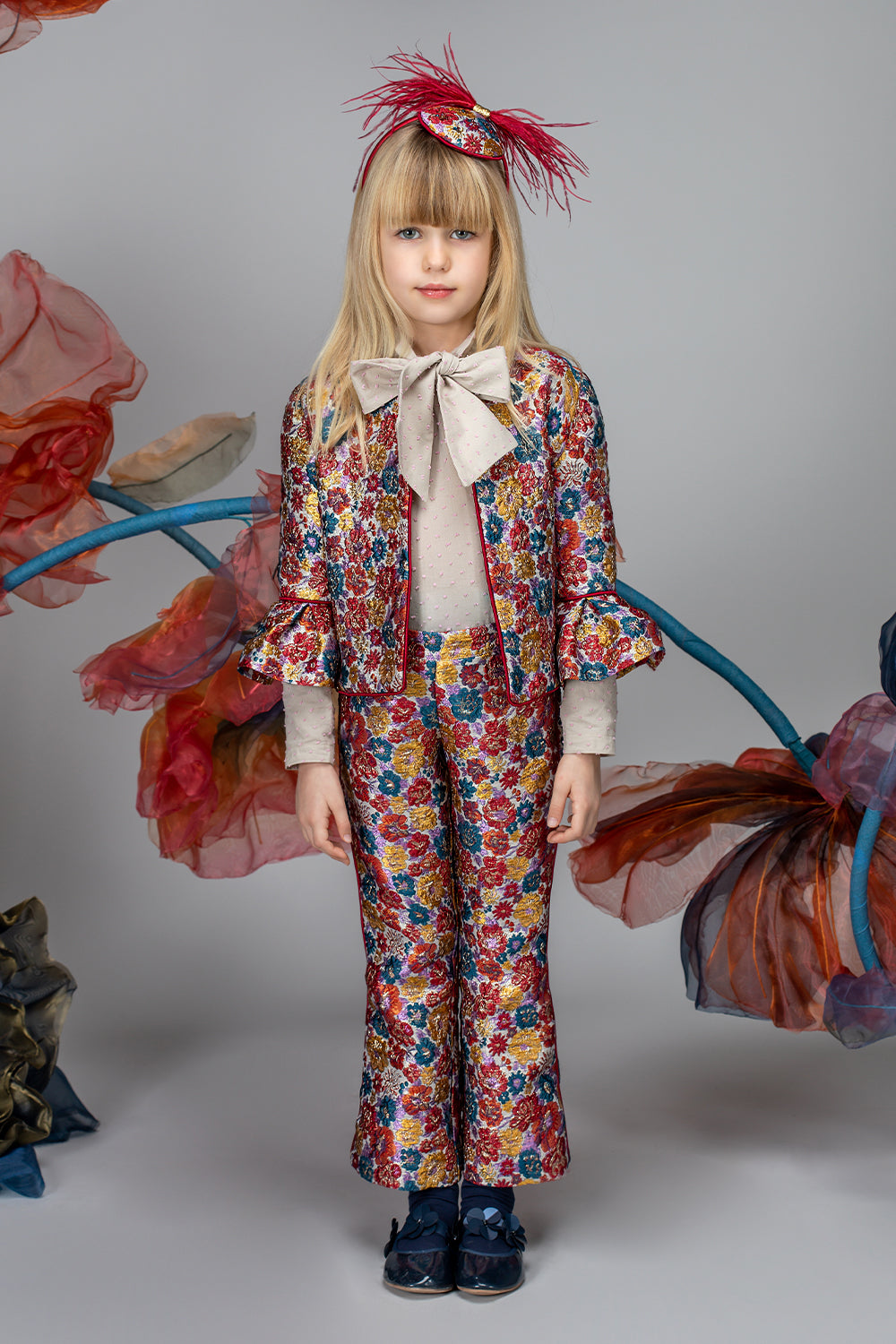 Shimmering red, blue and yellow jacquard blazer and trousers set