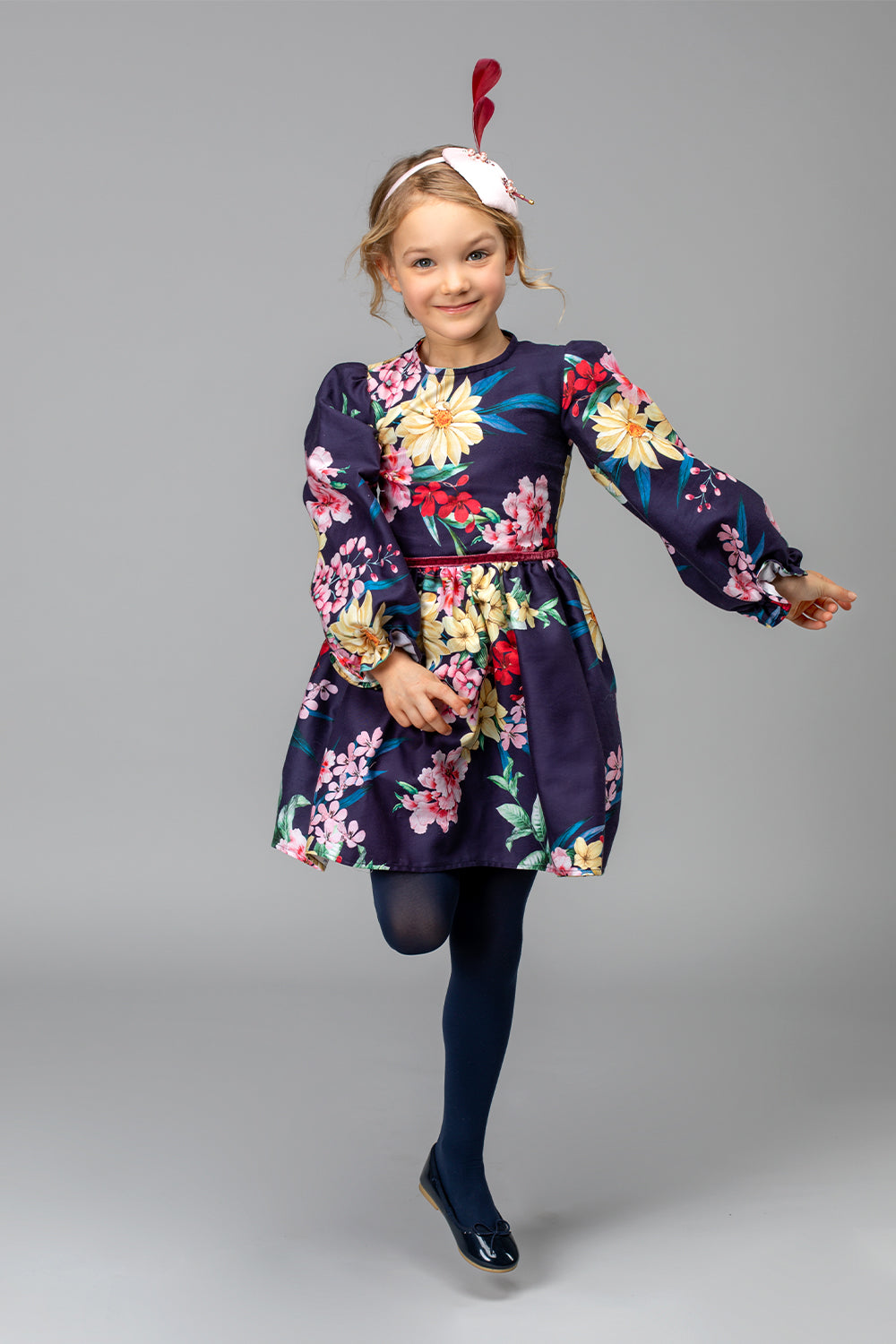 Blue floral printed cotton dress with long sleeves