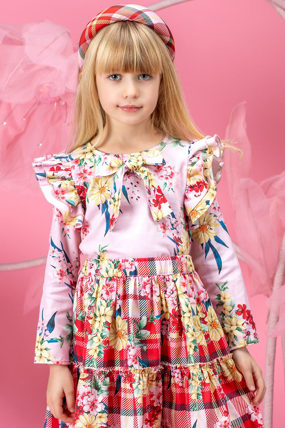 Light pink printed floral cotton shirt with frills