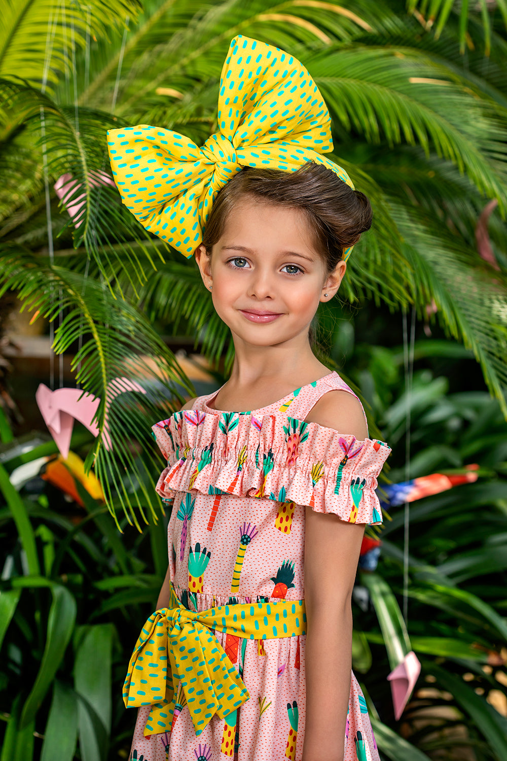 Cotton palms dress with shoulder  frill and contrast belt