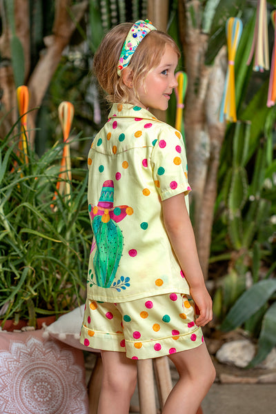 Yellow cotton shirt and shorts set with cactuses and pom poms print and hand-made embroidery