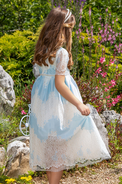 Blue and ivory long lace dress with pearls