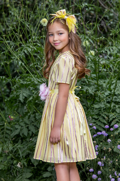 Yellow chiffon dress with lilac stripes and lilac flower