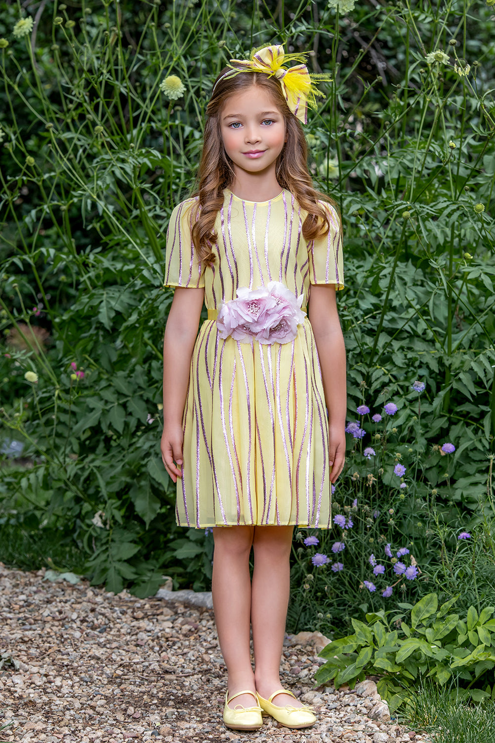 Yellow chiffon dress with lilac stripes and lilac flower
